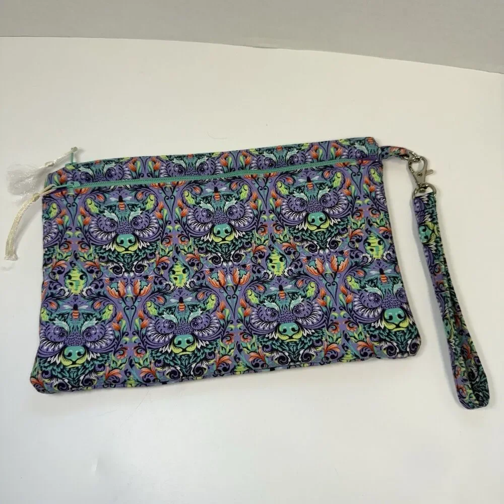 Tula Pink Tiny Beast Bear With Me Print Handmade Double Zip Wristlet Pouch New